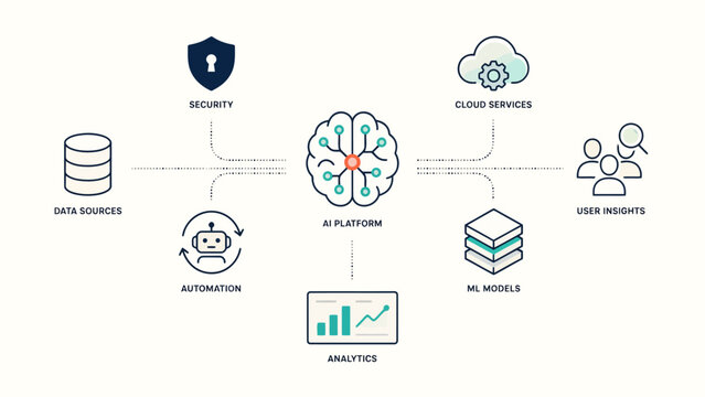 Ai platform workflow diagram with data sources, automation, machine learning, cloud services, and user insights . Vector Flat Illustration.