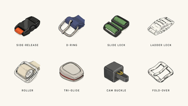 Isometric illustration of different types of buckle and latch designs for bags and accessories . Vector Flat Illustration.
