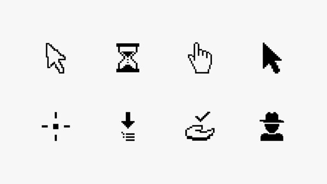 Set of eight minimalist black and white icons showing common computer actions and symbols . Vector Flat Illustration.