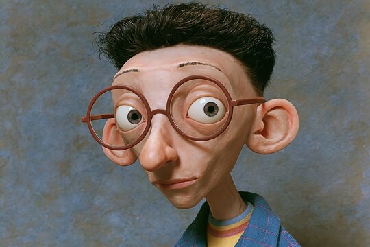 Quirky animated character with large glasses and big ears stares intently