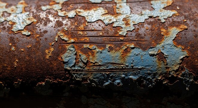 Close-up of weathered rusty metal pipe with peeling blue paint texture.