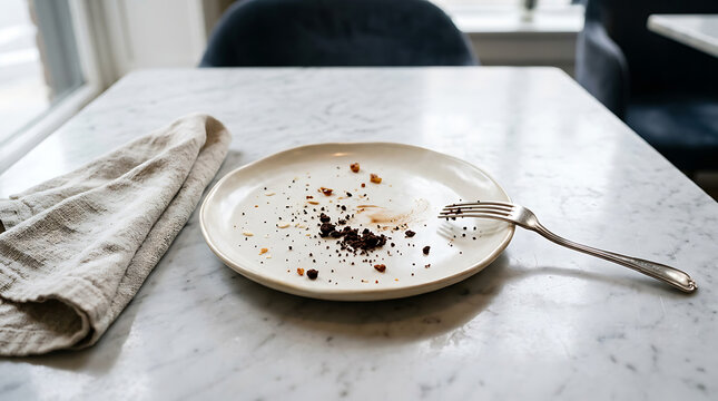 Empty plate with dark crumbs and used silver fork on white marble table surface after dessert finished surfaces discarded leftovers minimalist lifestyle