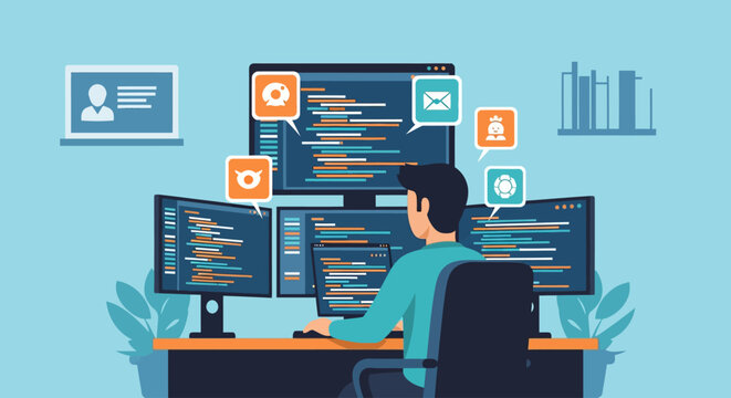 Flat vector illustration of a male software developer working at a multi-monitor workstation displaying code syntax, communication icons, and data in a clean office setting.