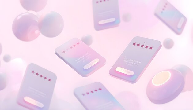 Floating Smartphone Mockups with Five-Star Rating UI Designs in Pastel Gradient Style