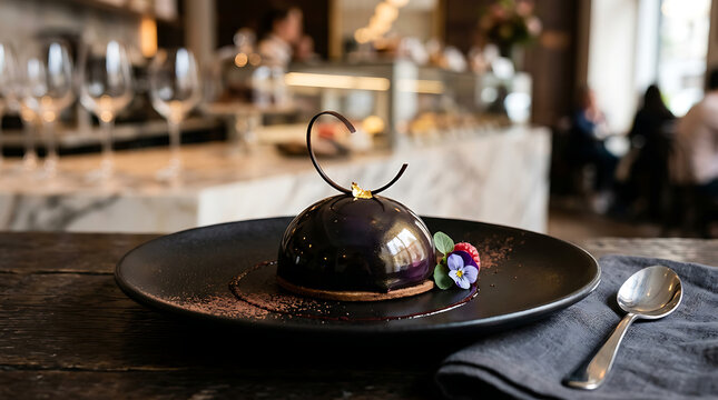 Elegant chocolate mousse dome dessert on black plate in modern restaurant interior with chocolate restaurant culinary reflection interior hospitality