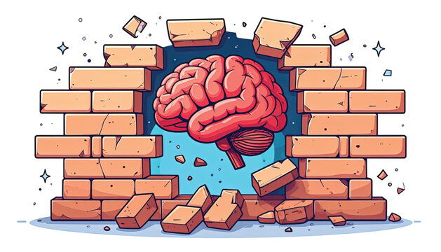 Brain breaking through brick wall barrier.