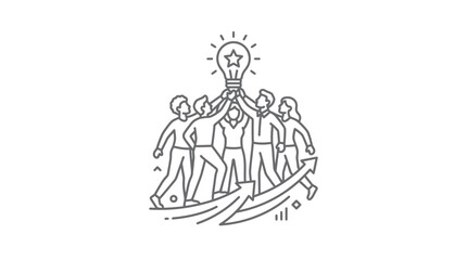 Obraz premium Team lifting large lightbulb together towards growth arrow icon.