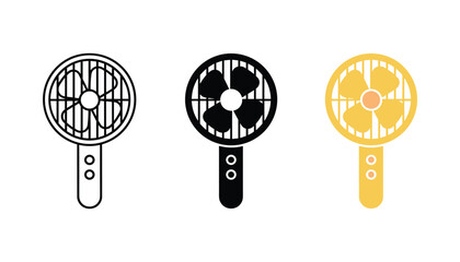 Three variations of portable handheld fan icons featuring outline solid black and flat colored graphics for cooling devices and summer electronics design projects isolated on a clean white background © Pure