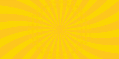 Yellow pop art comic background with a central sunburst ray pattern and a subtle circular halftone dot effect, ideal for vibrant retro marketing banners and cartoon backdrops. © Arif 02