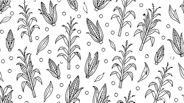 Detailed black and white corn plant illustration pattern.