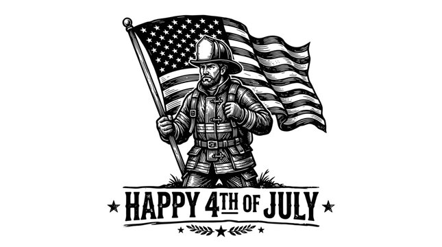Patriotic firefighter holding the American flag. Happy 4th of July vintage black and white engraving vector illustration