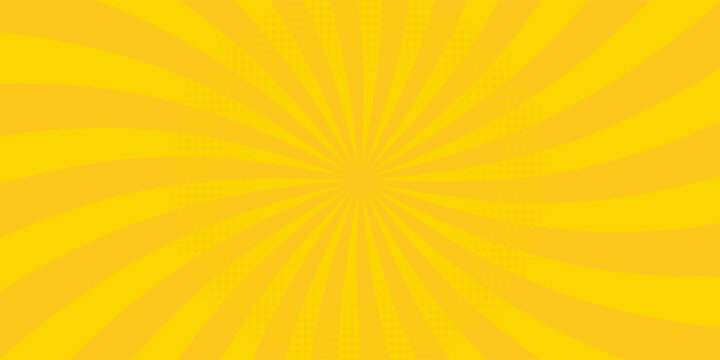 Yellow pop art comic background with a central sunburst ray pattern and a subtle circular halftone dot effect, ideal for vibrant retro marketing banners and cartoon backdrops.