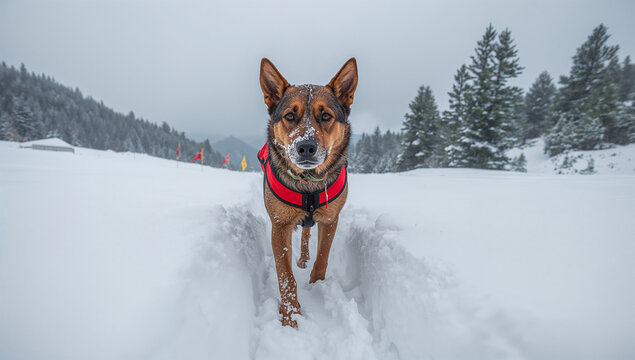 雪山の訓練場で赤いベストの救助犬が進む