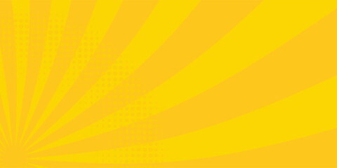Yellow pop art comic background with a central sunburst ray pattern and a subtle circular halftone dot effect, ideal for vibrant retro marketing banners and cartoon backdrops. © Arif 02