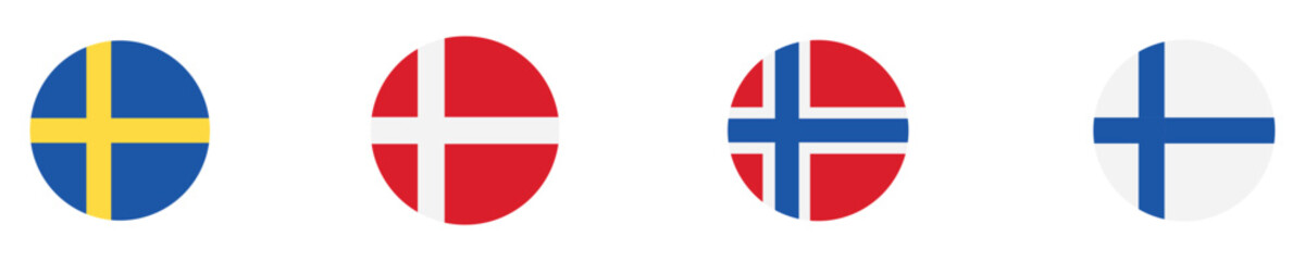 Fototapeta premium Nordic country flags including Sweden, Denmark, Norway and Finland. Round national flag icons isolated on transparent background for travel, geography and international design projects.