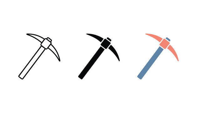 Three styles of pickaxe tool icons featuring outline solid black and flat colored designs for mining construction and excavation industry concepts isolated on a clean white background for projects