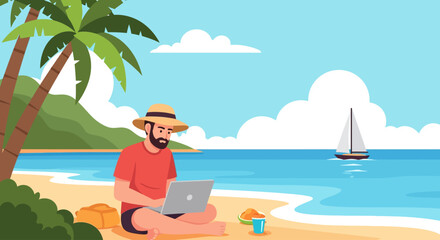 Fototapeta premium Flat vector illustration of a bearded digital nomad working on a laptop on a tropical beach with palm trees and a sailboat, wearing a straw hat and red t-shirt under a blue sky.