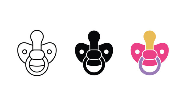 Baby pacifier icons set featuring outline solid and colorful flat design styles for infant care or newborn baby products isolated on white background