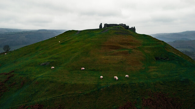 Castell Dinas Br&acirc;n Medieval Hilltop Ruins and Llangollen Town from Above, Wales