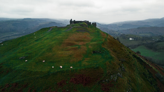 Aerial View of Castell Dinas Br&acirc;n Ruins Overlooking Llangollen Valley, Wales