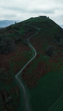 Castell Dinas Br&acirc;n Medieval Hilltop Ruins and Llangollen Town from Above, Wales