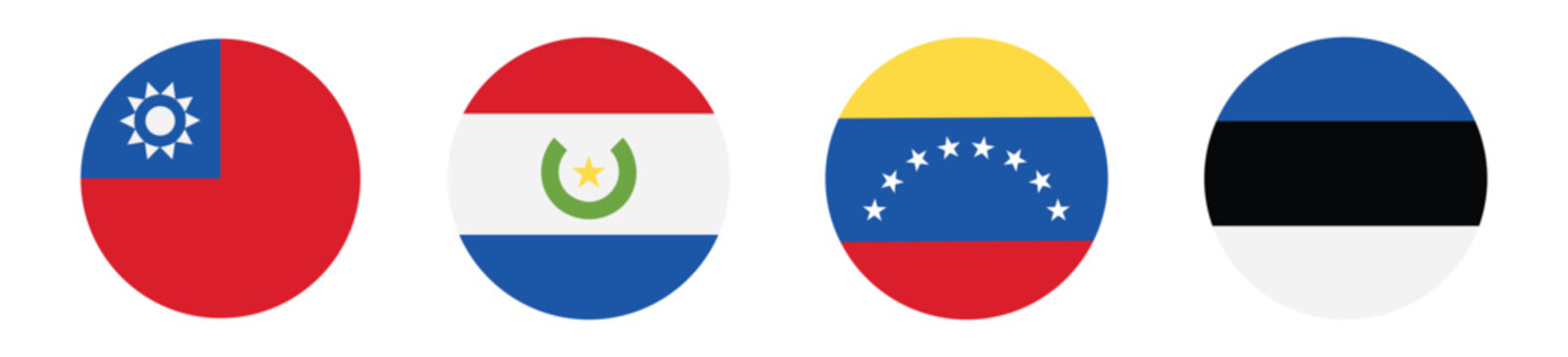 Set of round national flags of taiwan, paraguay, venezuela and estonia isolated on transparent background