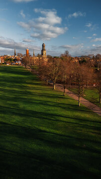 Golden Hour Aerial View of The Quarry Park with St Chad's Church Skyline, Shrewsbury, England, UK