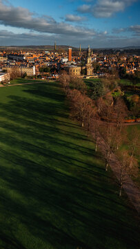 Golden Hour Aerial View of The Quarry Park with St Chad's Church Skyline, Shrewsbury, England, UK
