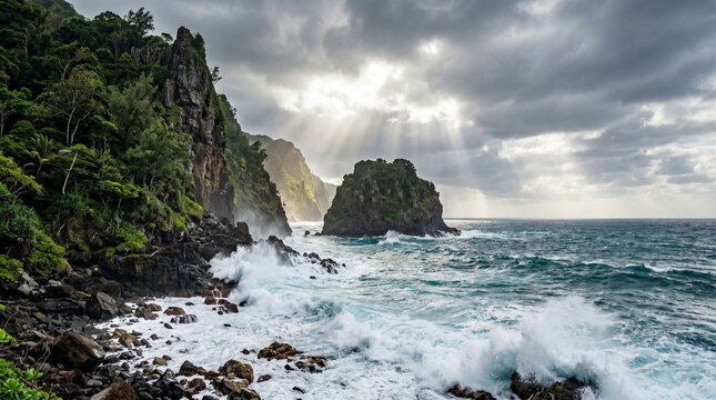 光が差し込む無人島の切り立った断崖と激しい白波