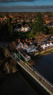 Victorian Suspension Footbridge and Tudor House on River Severn, Shrewsbury