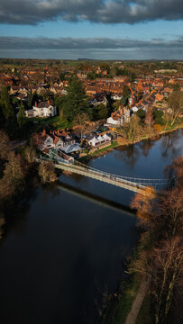 Victorian Suspension Footbridge and Tudor House on River Severn, Shrewsbury