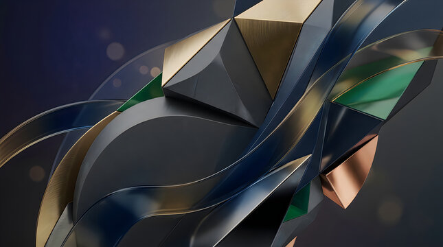Abstract luxury 3D geometric background with metallic waves and gold facets