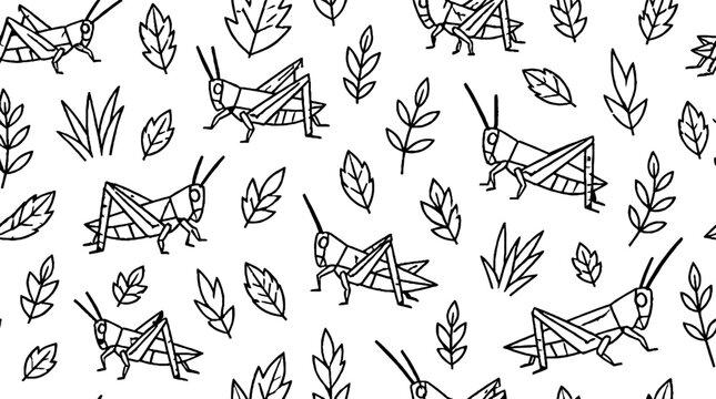 Detailed black and white grasshopper and leaf pattern design.