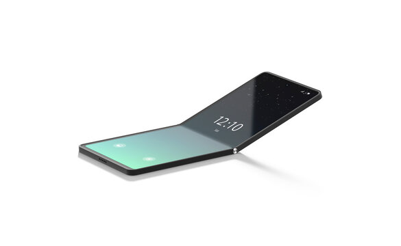 Blank turned on flexible clamshell phone display half folded mockup png, transparent background, 3d rendering. Empty flip elastic touchscreen mock up cut out. Clear flexibility smartphone device.