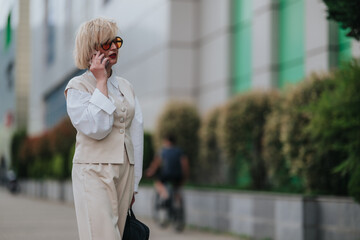 Fototapeta premium A professional businesswoman walks down an urban street talking on her smartphone. The blonde executive carries a bag and wears a beige vest and trousers in a modern city setting.