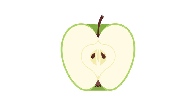 Flat vector illustration of a green apple cross-section cut in half vertically, showing white inner flesh, central core with two brown seeds and top stem on a white background.