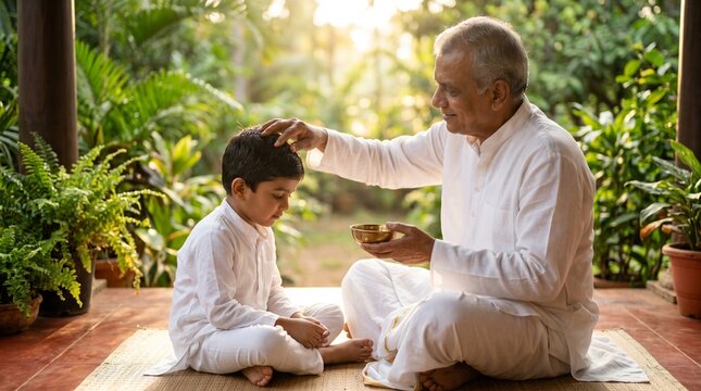 Grandfather Applying Herbal Oil To Grandson, Traditional Cleansing Ritual, South Asian New Year Custom, Generational Bonding, Sunlit Veranda Portrait