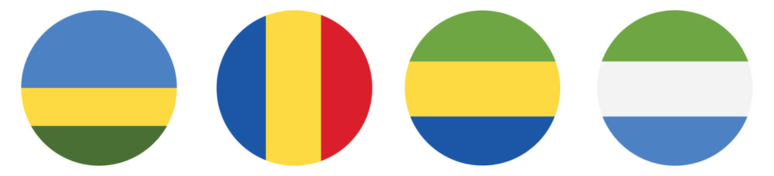 Set of circular national flags of rwanda, romania, gabon, and sierra leone isolated on transparent background