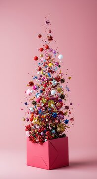 Scatola da regalo colorata che si disintegra in modo dinamico, rilasciando una pioggia di nastri, coriandoli e piccoli oggetti festivi, anniversario, compleanno, natale