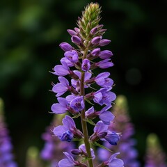 Fototapeta premium Tall purple spire flowers reaching towards the sky in a summer garden setting, showing delicate petals and sharp vertical growth, bloom, daylight, tall