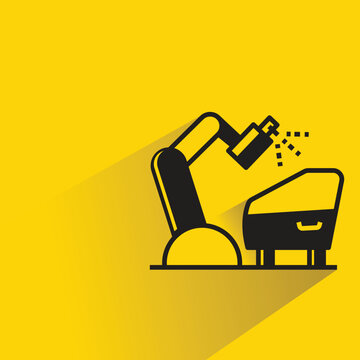 robotic arm in spray work icon with drop shadow yellow background