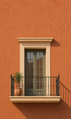 Obraz premium Minimal Mediterranean Balcony with Terracotta Wall and Elegant Architectural Design