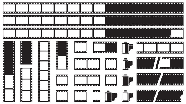 Film Strip Icons Set with White Perforations and Black Frames for Video Editing and Cinema Project Design