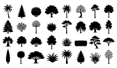 Fototapeta premium Collection of Diverse Botanical Tree Silhouettes Vector Illustration Isolated on White