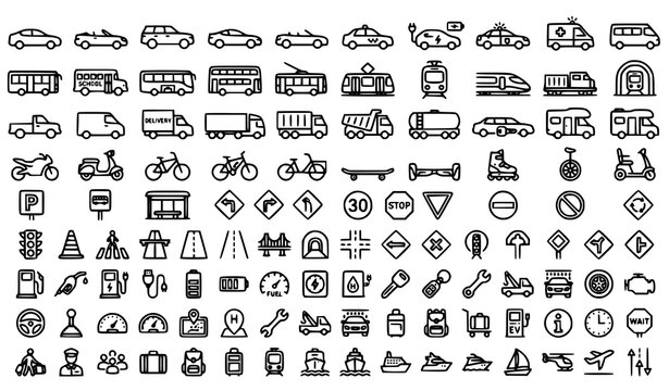 Bus and Car Transport Thin Line Icon Set with Vehicle Mobility and Road Transportation Symbols