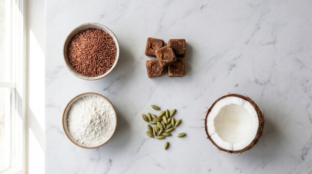 Flat Lay Culinary Ingredients For Harvest Festival, Red Rice And Jaggery On Marble, Clean Modern Kitchen Concept, Organic Baking Preparation
