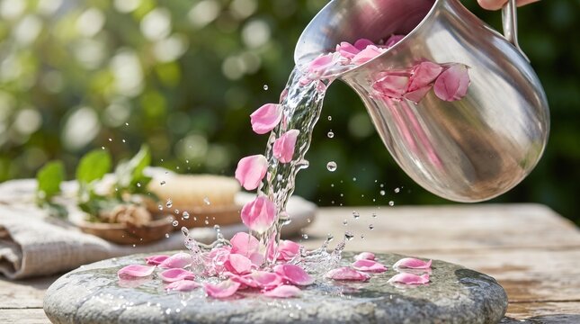 Pouring Scented Water With Rose Petals, High Shutter Speed Water Splash, Refreshing Ritual Cleansing, Bright Daylight Close Up, Wellness Concept