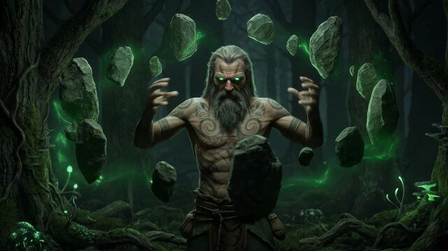 Tattooed druid levitating rocks in a dark mystical forest, fantasy gaming and role playing concept