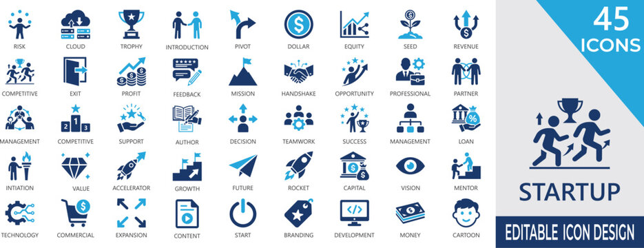 Startup fill icon set. Containing entrepreneurship, team, innovation, funding, agile, venture,  development, business, and corporate presentations.