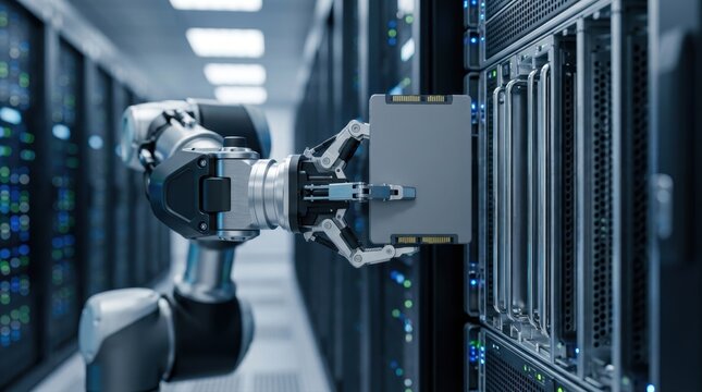 Robotic arm inserting a solid state drive into a server rack in a data center
